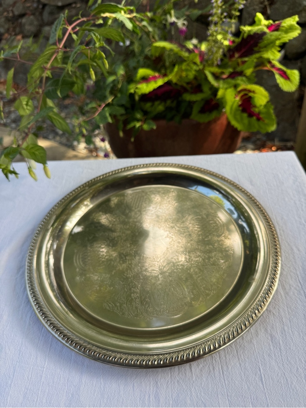 Vintage Silverplate Round Serving Tray Etched 12.5”